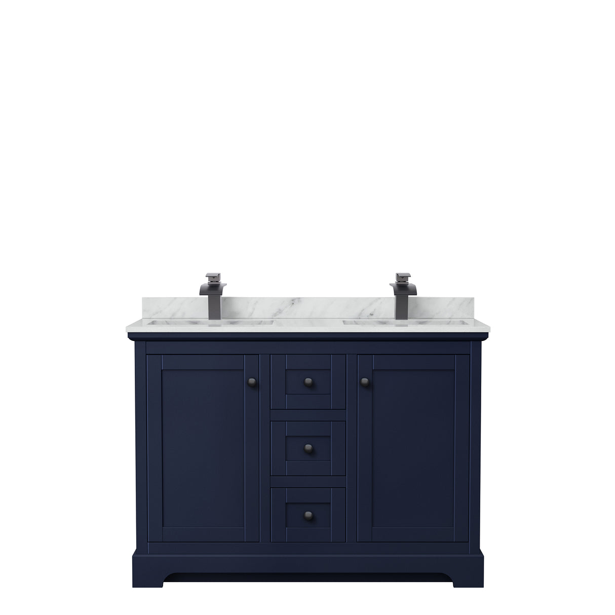 Avery 48 Inch Double Bathroom Vanity in Dark Blue White Carrara Marble Countertop Undermount Square Sinks Matte Black Trim