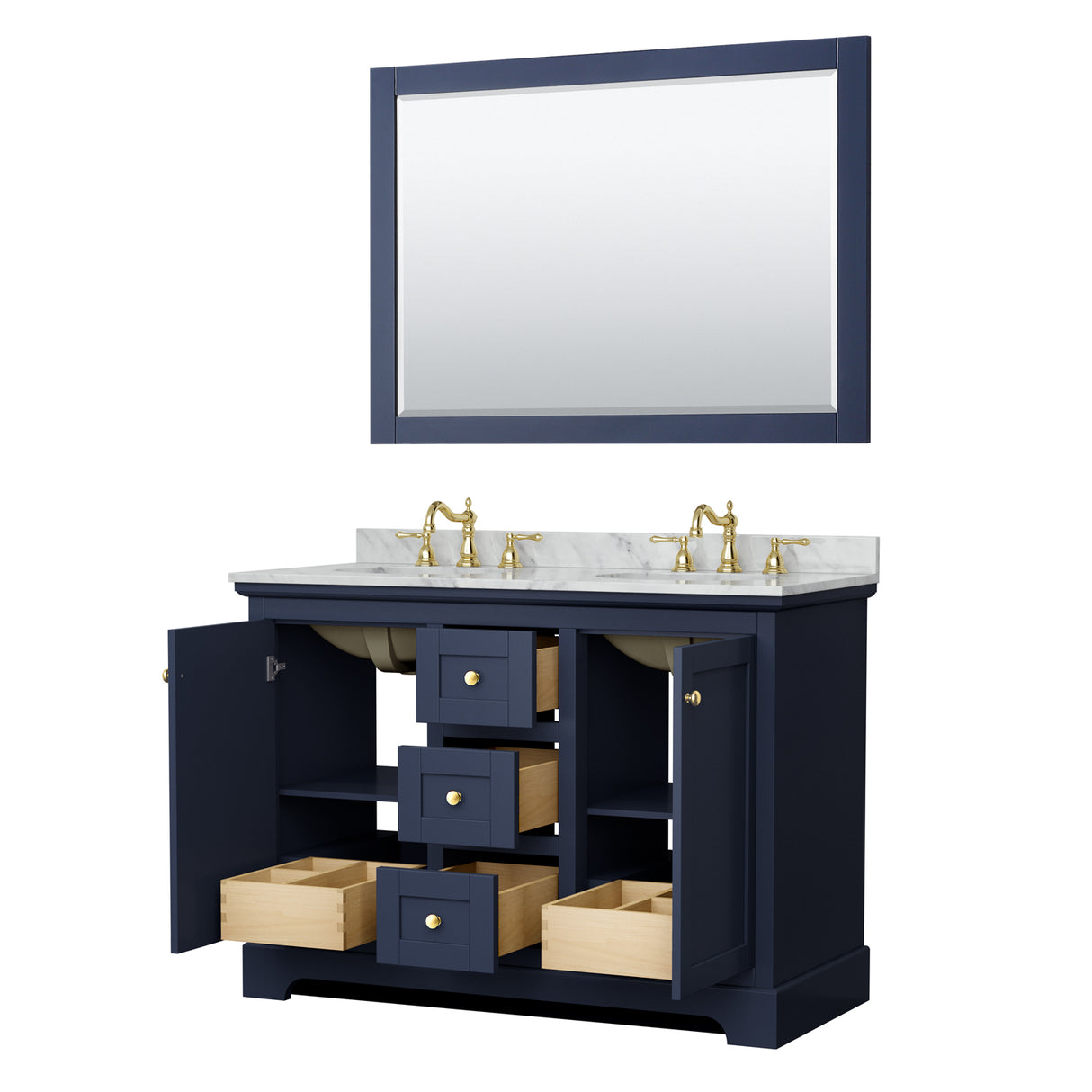 Avery 48 Inch Double Bathroom Vanity in Dark Blue White Carrara Marble Countertop Undermount Oval Sinks 46 Inch Mirror