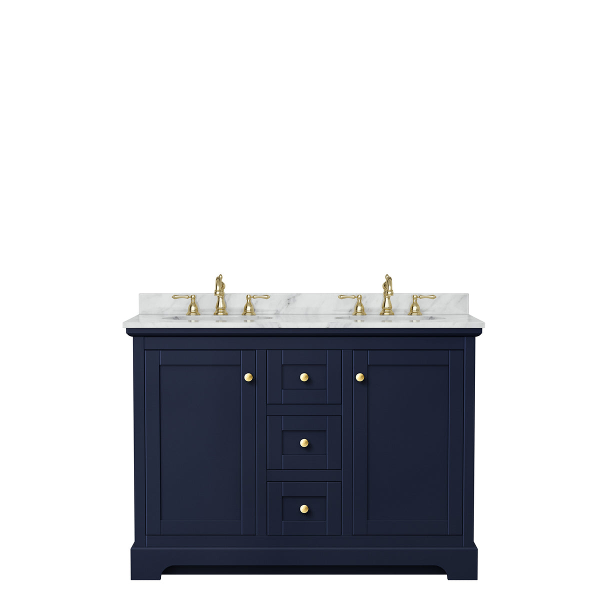 Avery 48 Inch Double Bathroom Vanity in Dark Blue White Carrara Marble Countertop Undermount Oval Sinks No Mirror
