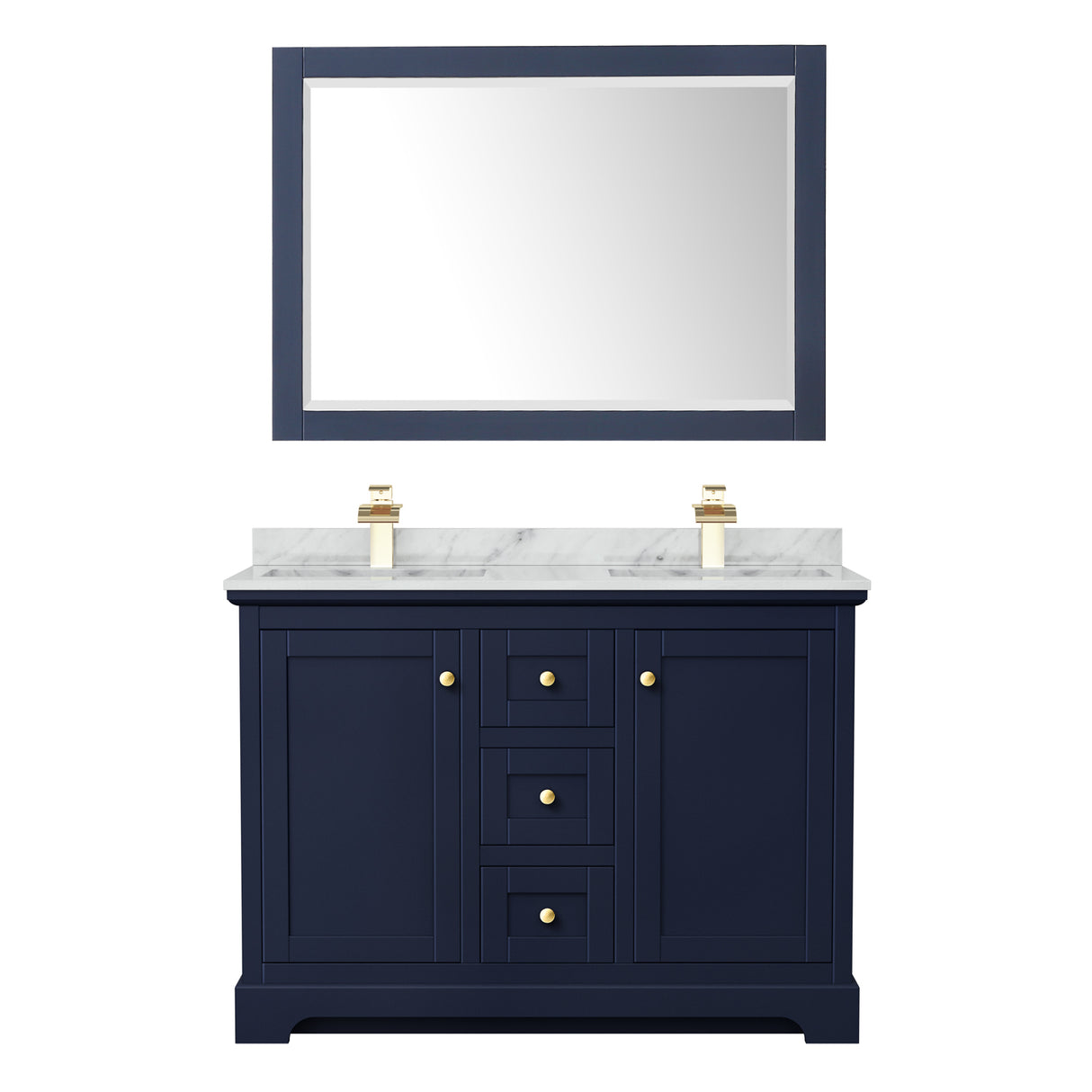 Avery 48 Inch Double Bathroom Vanity in Dark Blue White Carrara Marble Countertop Undermount Square Sinks 46 Inch Mirror