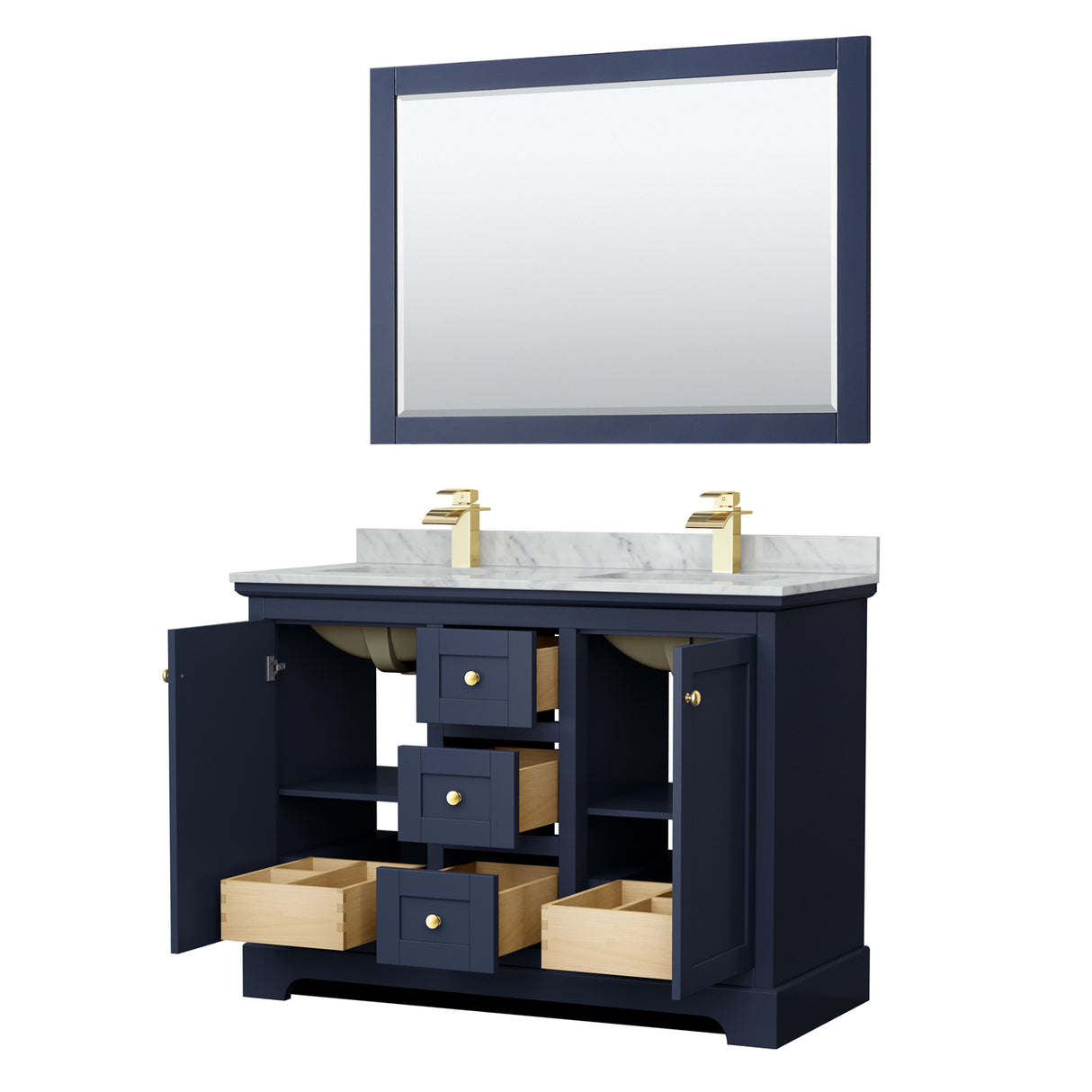 Avery 48 Inch Double Bathroom Vanity in Dark Blue White Carrara Marble Countertop Undermount Square Sinks 46 Inch Mirror