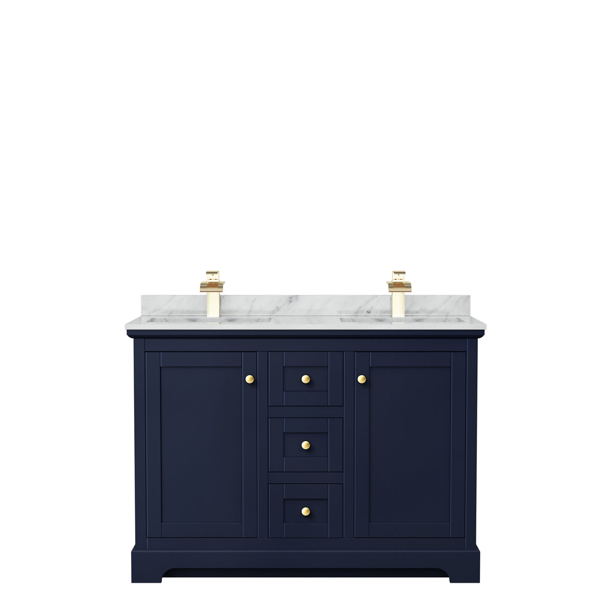 Avery 48 Inch Double Bathroom Vanity in Dark Blue White Carrara Marble Countertop Undermount Square Sinks No Mirror