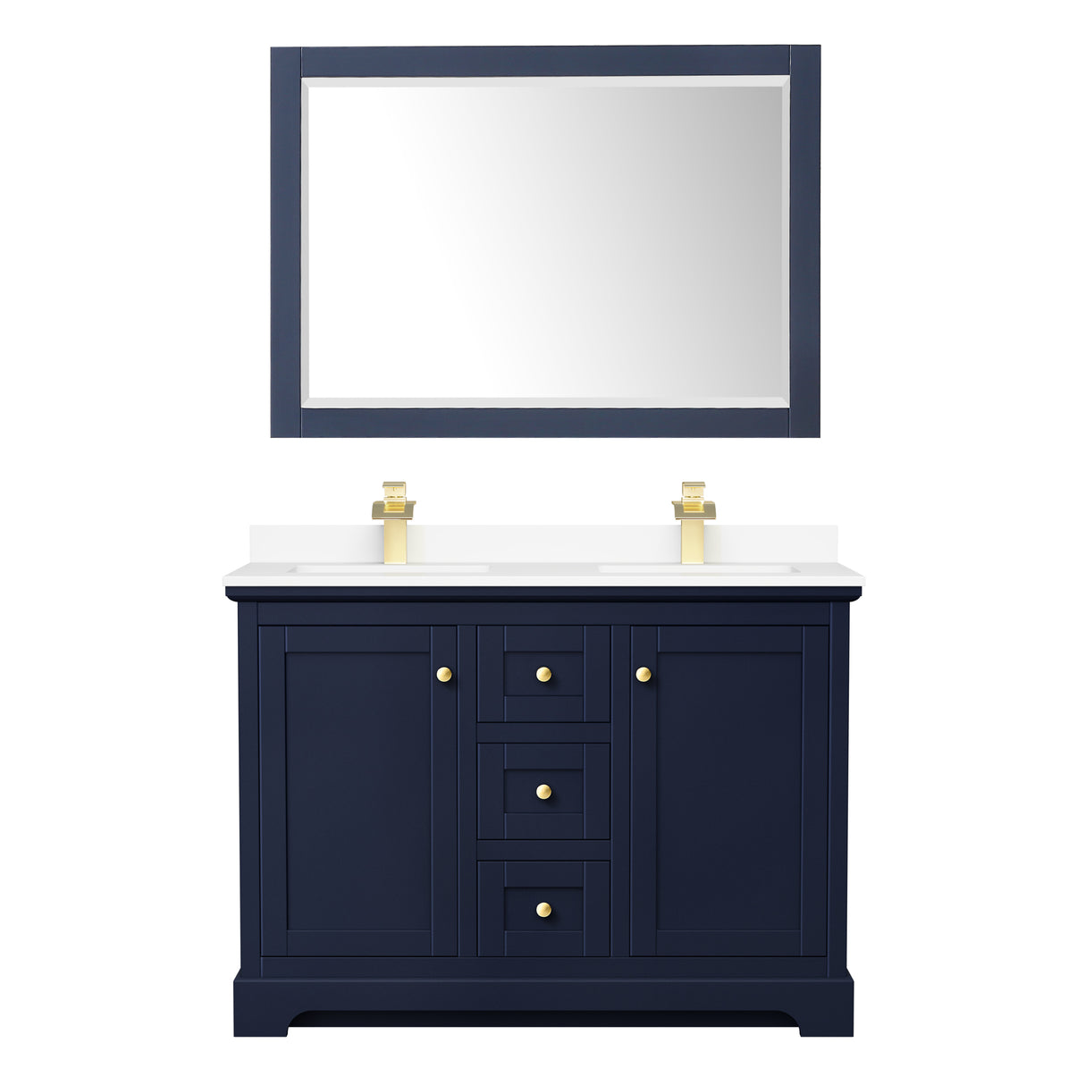 Avery 48 Inch Double Bathroom Vanity in Dark Blue White Cultured Marble Countertop Undermount Square Sinks 46 Inch Mirror