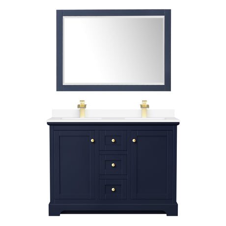 Avery 48 Inch Double Bathroom Vanity in Dark Blue White Cultured Marble Countertop Undermount Square Sinks 46 Inch Mirror