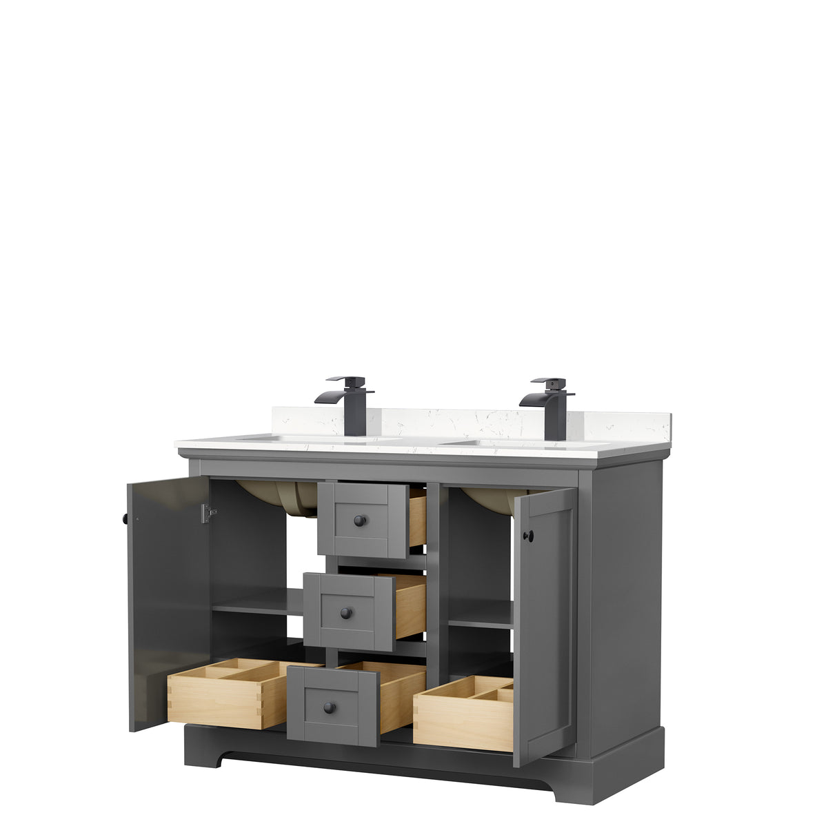 Avery 48 Inch Double Bathroom Vanity in Dark Gray Carrara Cultured Marble Countertop Undermount Square Sinks Matte Black Trim