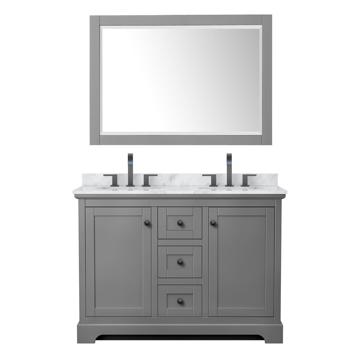Avery 48 Inch Double Bathroom Vanity in Dark Gray White Carrara Marble Countertop Undermount Oval Sinks Matte Black Trim 46 Inch Mirror