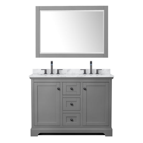 Avery 48 Inch Double Bathroom Vanity in Dark Gray White Carrara Marble Countertop Undermount Oval Sinks Matte Black Trim 46 Inch Mirror
