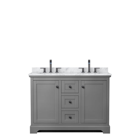 Avery 48 Inch Double Bathroom Vanity in Dark Gray White Carrara Marble Countertop Undermount Oval Sinks Matte Black Trim