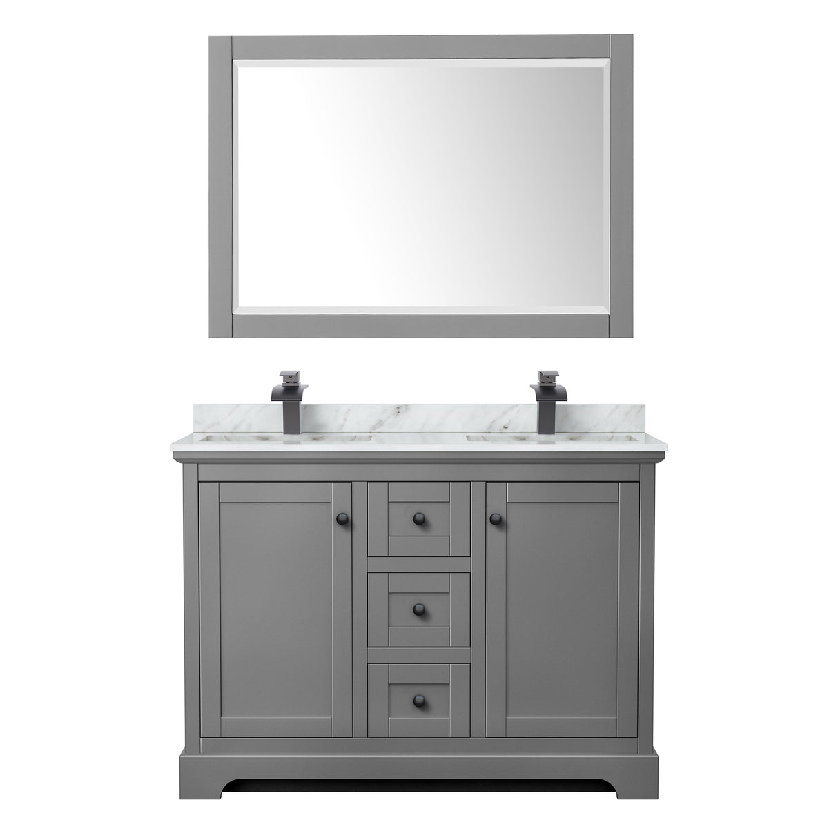 Avery 48 Inch Double Bathroom Vanity in Dark Gray White Carrara Marble Countertop Undermount Square Sinks Matte Black Trim 46 Inch Mirror