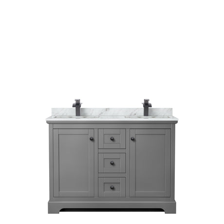 Avery 48 Inch Double Bathroom Vanity in Dark Gray White Carrara Marble Countertop Undermount Square Sinks Matte Black Trim