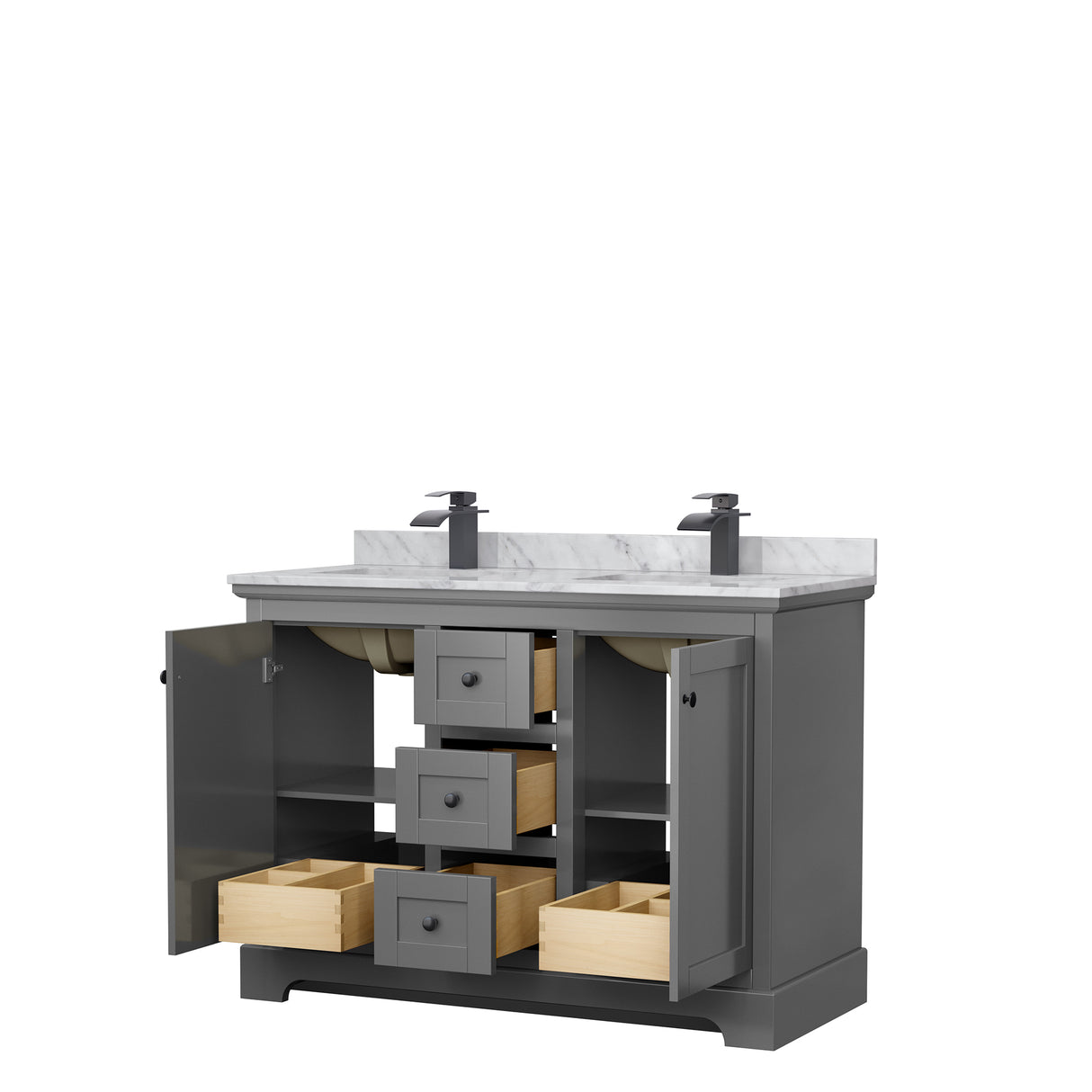 Avery 48 Inch Double Bathroom Vanity in Dark Gray White Carrara Marble Countertop Undermount Square Sinks Matte Black Trim