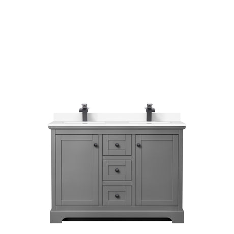 Avery 48 Inch Double Bathroom Vanity in Dark Gray White Cultured Marble Countertop Undermount Square Sinks Matte Black Trim