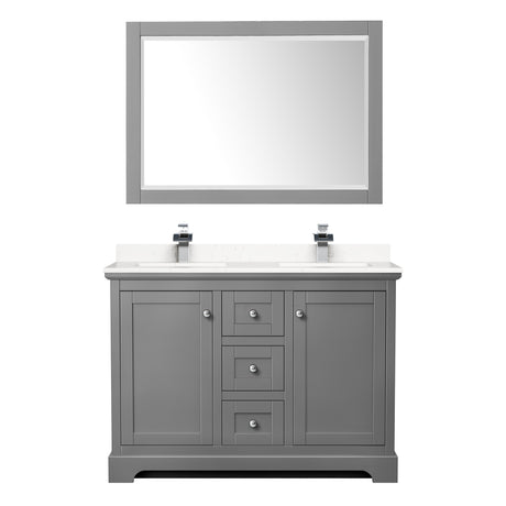 Avery 48 Inch Double Bathroom Vanity in Dark Gray Carrara Cultured Marble Countertop Undermount Square Sinks 46 Inch Mirror