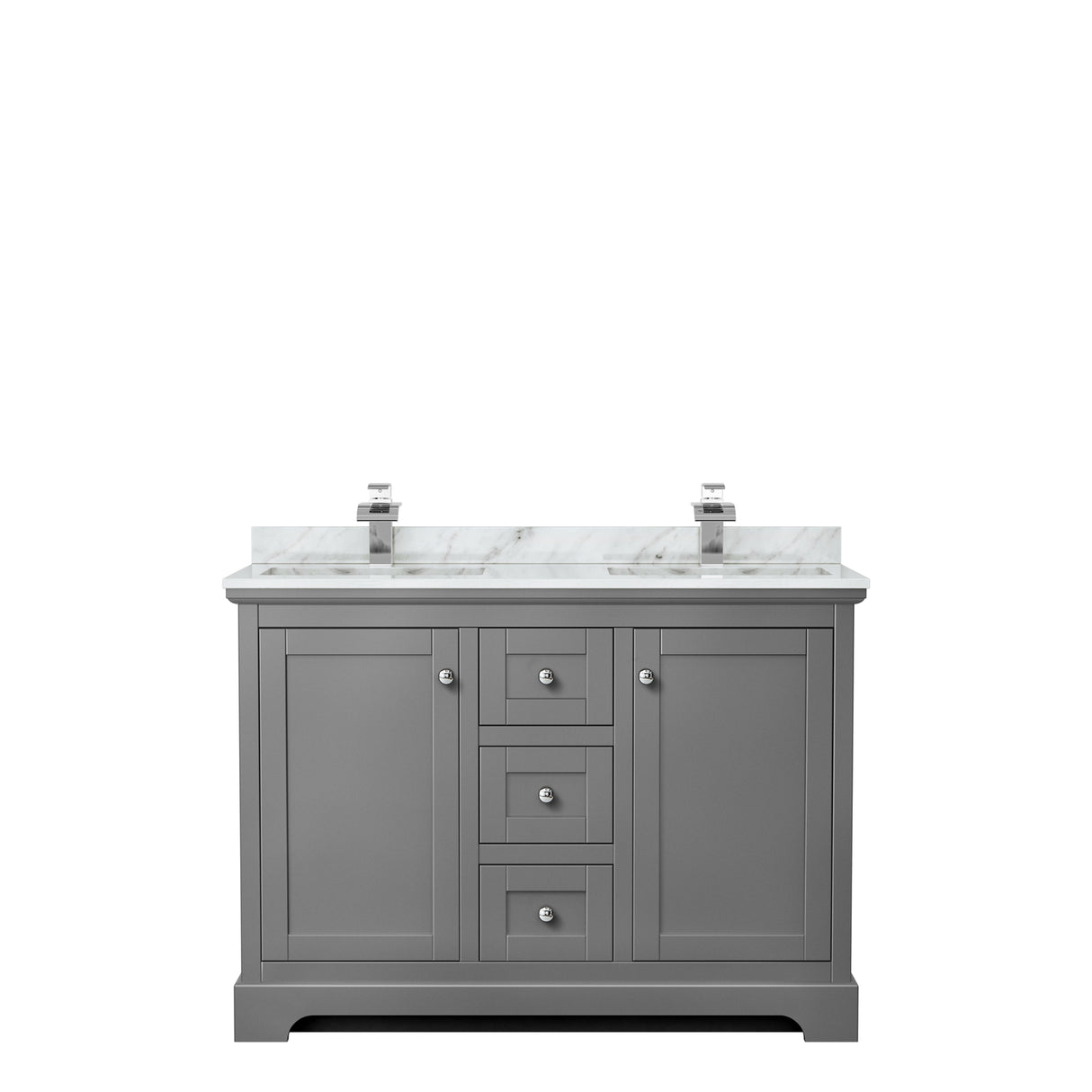Avery 48 Inch Double Bathroom Vanity in Dark Gray White Carrara Marble Countertop Undermount Square Sinks No Mirror