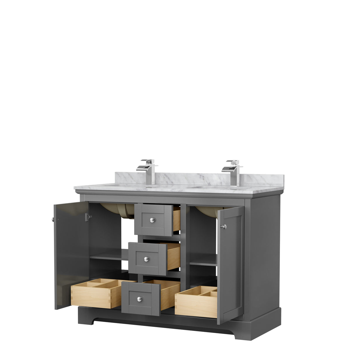 Avery 48 Inch Double Bathroom Vanity in Dark Gray White Carrara Marble Countertop Undermount Square Sinks No Mirror