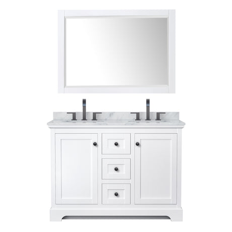 Avery 48 Inch Double Bathroom Vanity in White White Carrara Marble Countertop Undermount Oval Sinks Matte Black Trim 46 Inch Mirror