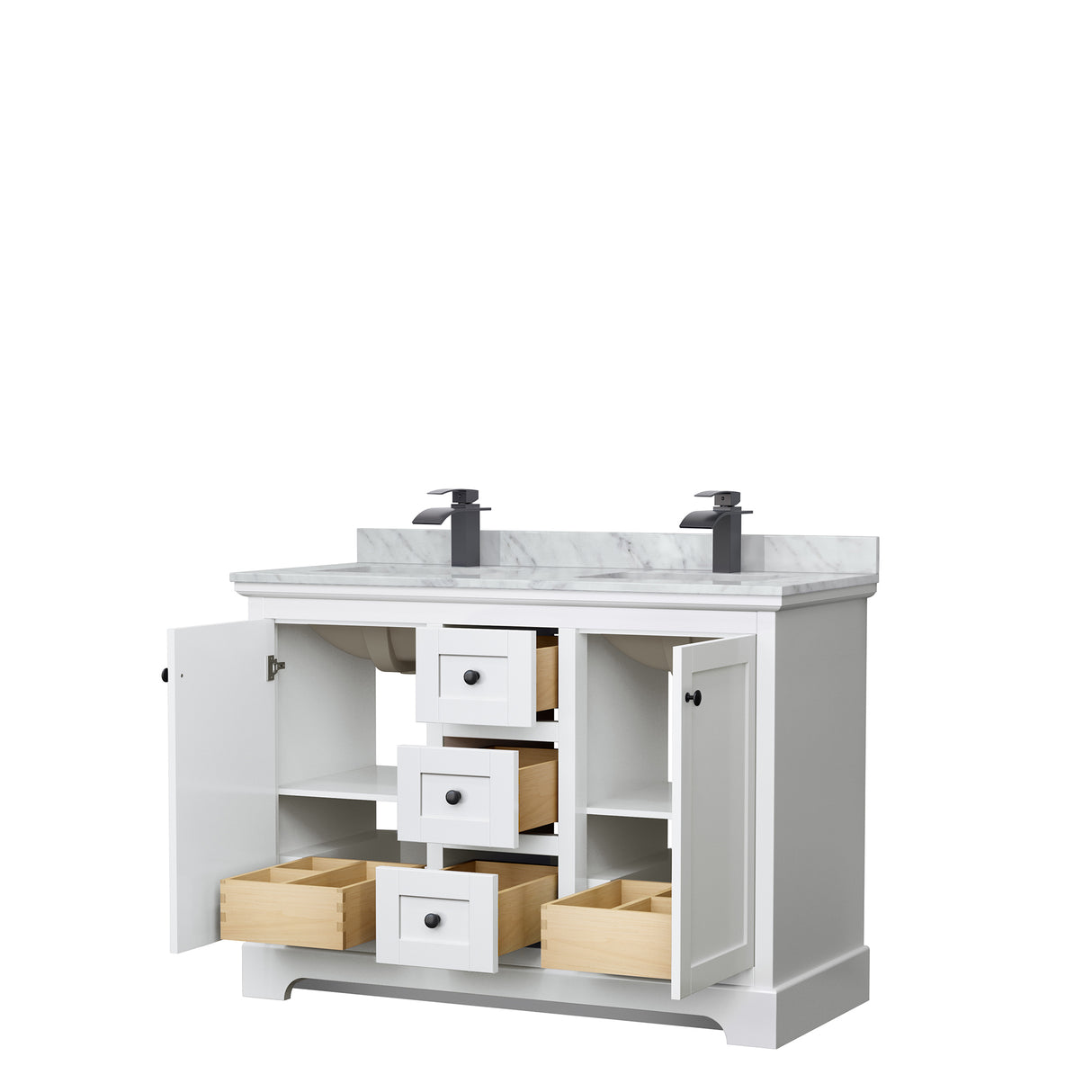Avery 48 Inch Double Bathroom Vanity in White White Carrara Marble Countertop Undermount Square Sinks Matte Black Trim