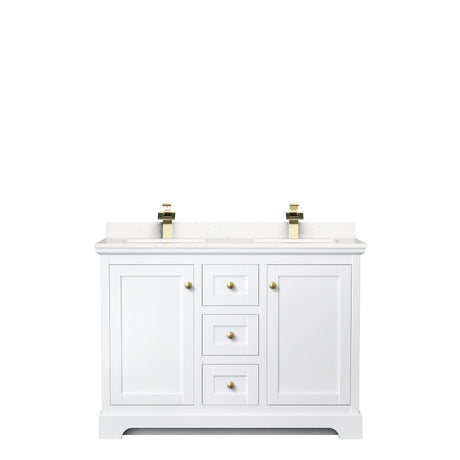 Avery 48 Inch Double Bathroom Vanity in White Carrara Cultured Marble Countertop Undermount Square Sinks Brushed Gold Trim