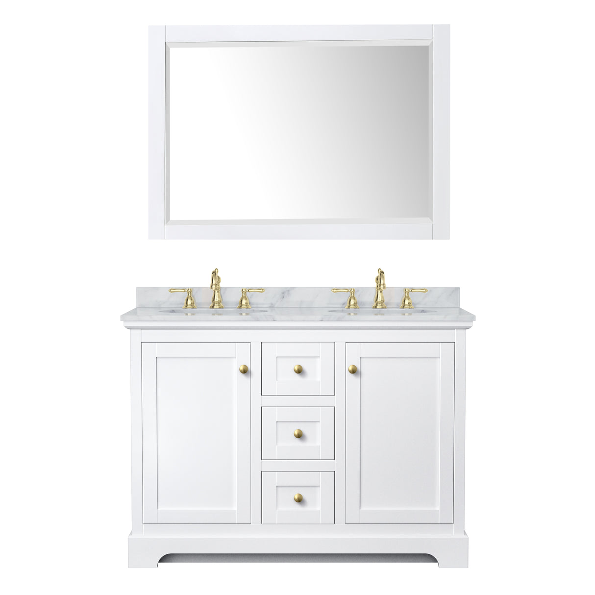 Avery 48 Inch Double Bathroom Vanity in White White Carrara Marble Countertop Undermount Oval Sinks 46 Inch Mirror Brushed Gold Trim