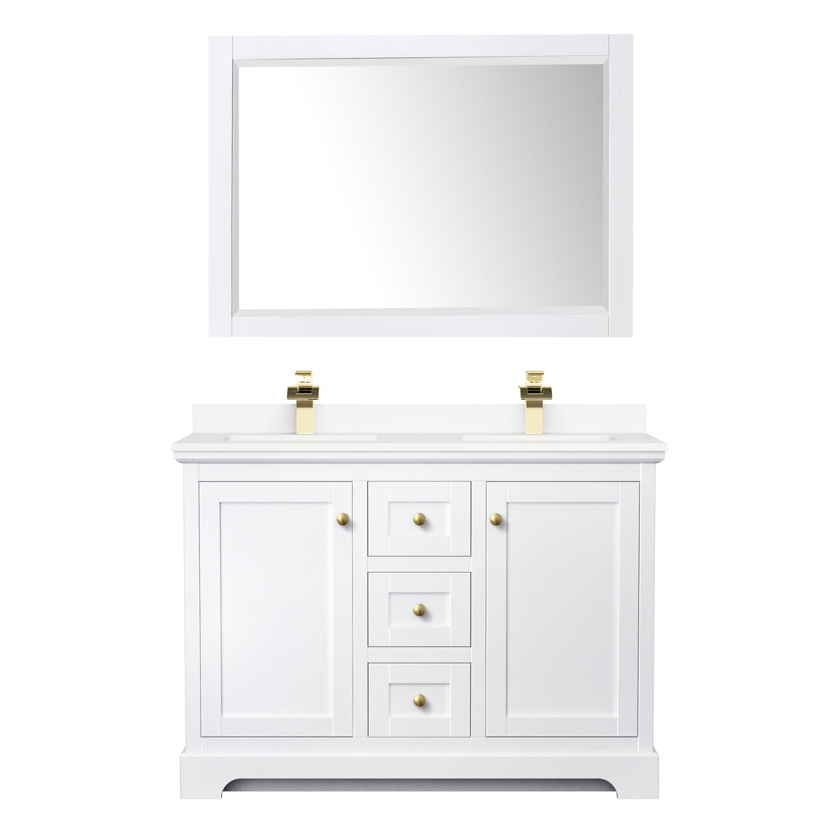 Avery 48 Inch Double Bathroom Vanity in White White Cultured Marble Countertop Undermount Square Sinks 46 Inch Mirror Brushed Gold Trim