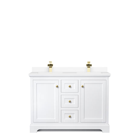 Avery 48 Inch Double Bathroom Vanity in White White Cultured Marble Countertop Undermount Square Sinks Brushed Gold Trim