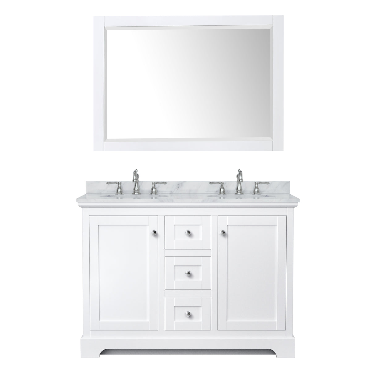 Avery 48 Inch Double Bathroom Vanity in White White Carrara Marble Countertop Undermount Oval Sinks 46 Inch Mirror