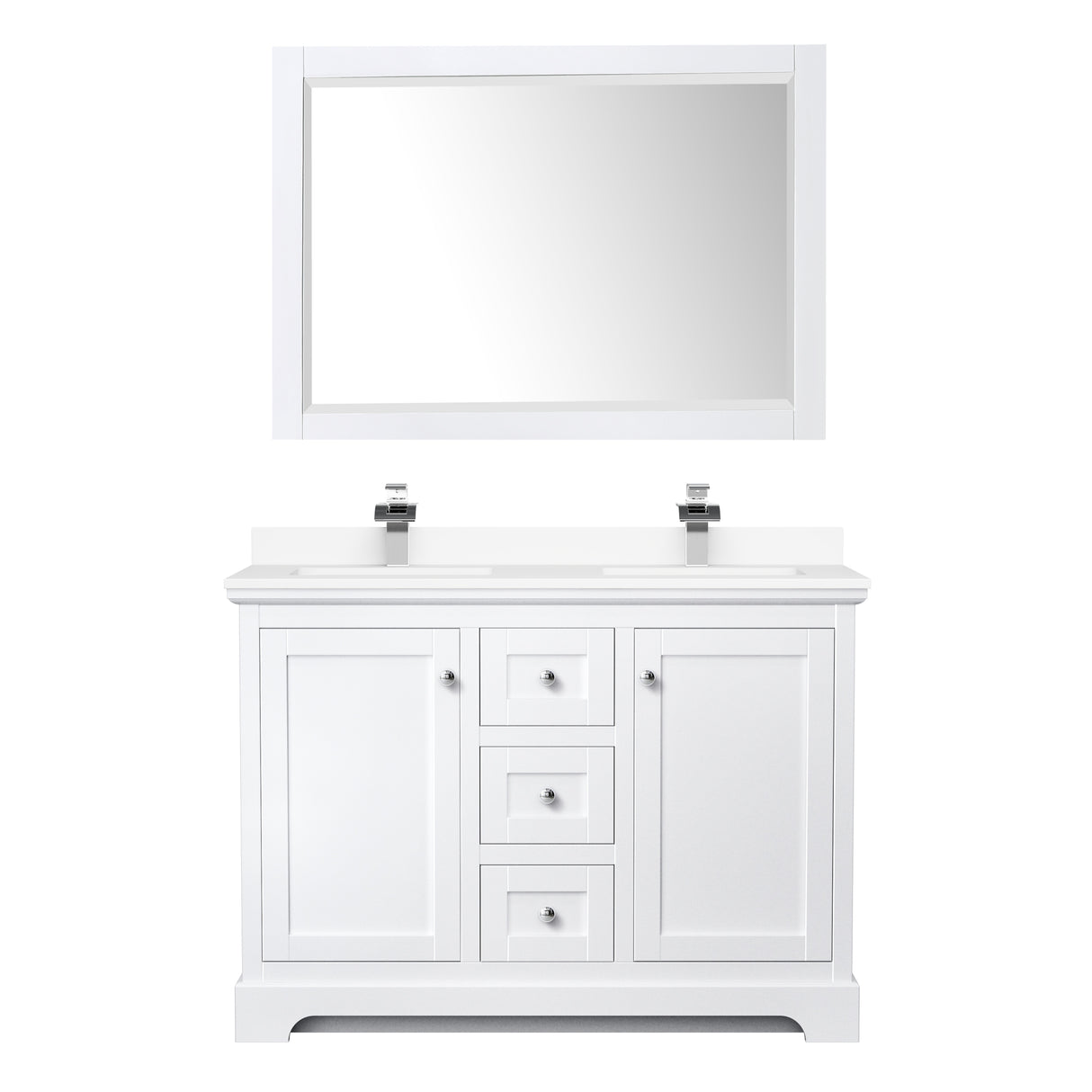 Avery 48 Inch Double Bathroom Vanity in White White Cultured Marble Countertop Undermount Square Sinks 46 Inch Mirror