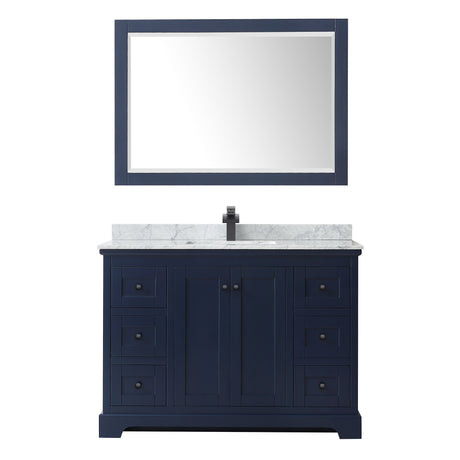Avery 48 Inch Single Bathroom Vanity in Dark Blue White Carrara Marble Countertop Undermount Square Sink Matte Black Trim 46 Inch Mirror