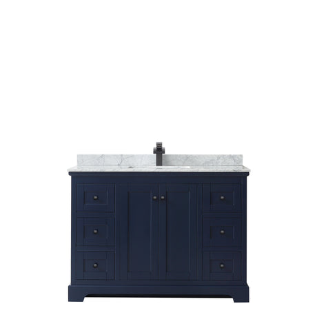 Avery 48 Inch Single Bathroom Vanity in Dark Blue White Carrara Marble Countertop Undermount Square Sink Matte Black Trim