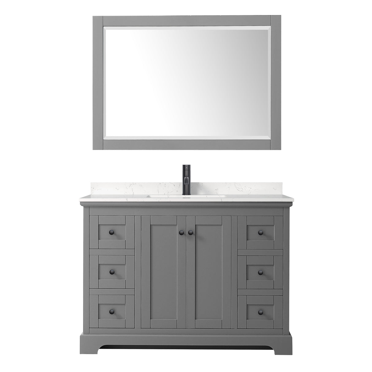 Avery 48 Inch Single Bathroom Vanity in Dark Gray Carrara Cultured Marble Countertop Undermount Square Sink Matte Black Trim 46 Inch Mirror