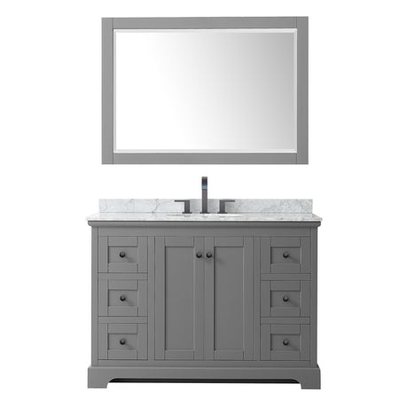 Avery 48 Inch Single Bathroom Vanity in Dark Gray White Carrara Marble Countertop Undermount Oval Sink Matte Black Trim 46 Inch Mirror