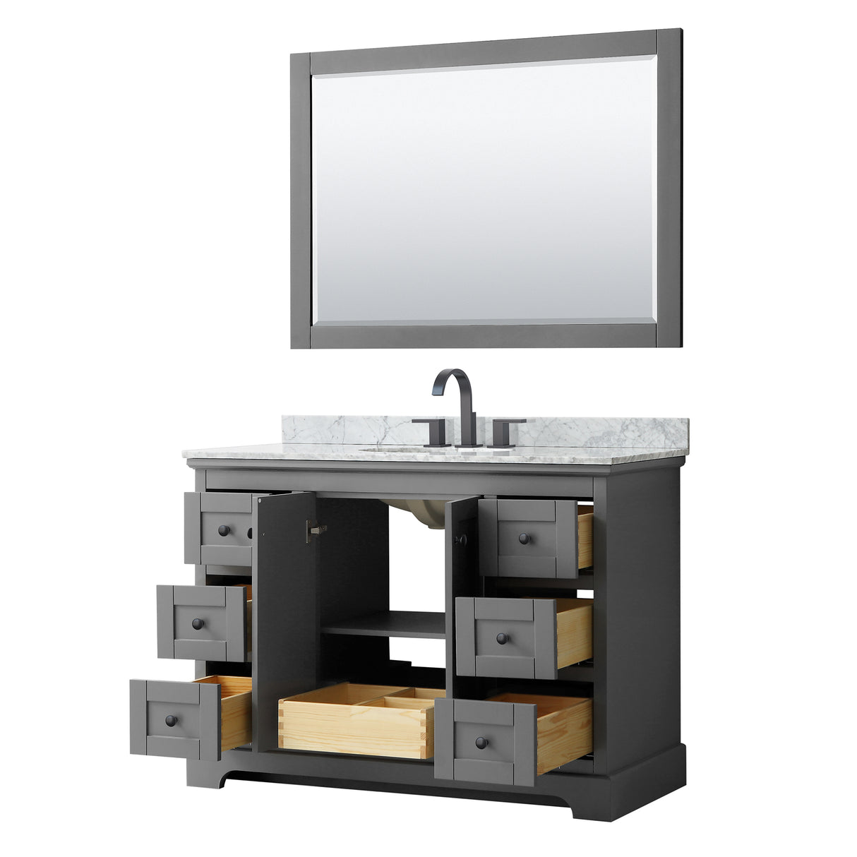 Avery 48 Inch Single Bathroom Vanity in Dark Gray White Carrara Marble Countertop Undermount Oval Sink Matte Black Trim 46 Inch Mirror