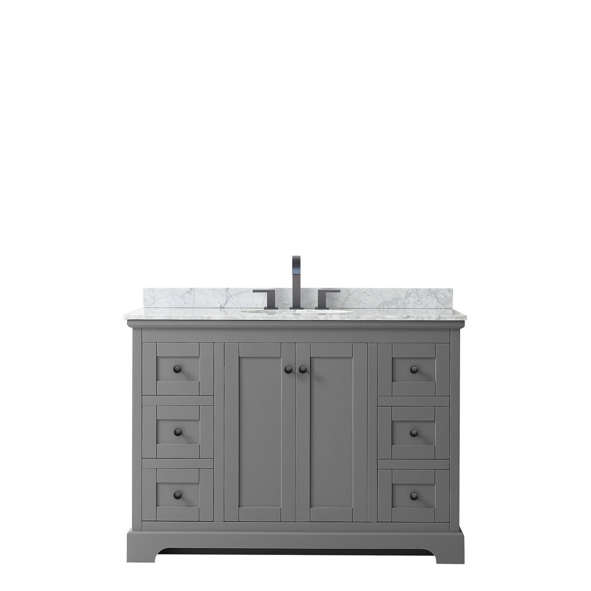 Avery 48 Inch Single Bathroom Vanity in Dark Gray White Carrara Marble Countertop Undermount Oval Sink Matte Black Trim