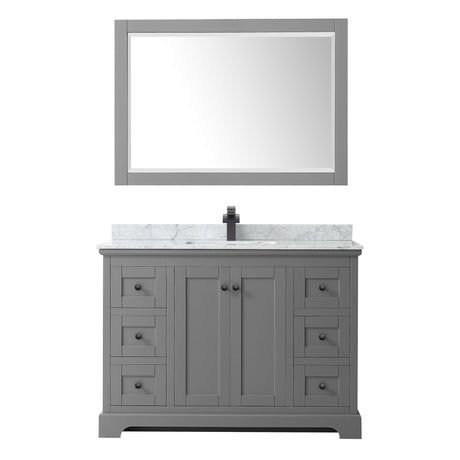 Avery 48 Inch Single Bathroom Vanity in Dark Gray White Carrara Marble Countertop Undermount Square Sink Matte Black Trim 46 Inch Mirror