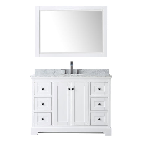 Avery 48 Inch Single Bathroom Vanity in White White Carrara Marble Countertop Undermount Oval Sink Matte Black Trim 46 Inch Mirror
