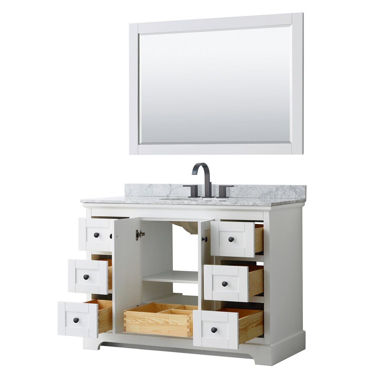 Avery 48 Inch Single Bathroom Vanity in White White Carrara Marble Countertop Undermount Oval Sink Matte Black Trim 46 Inch Mirror