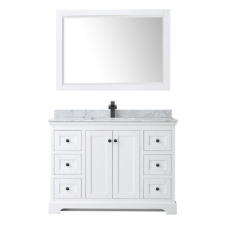 Avery 48 Inch Single Bathroom Vanity in White White Carrara Marble Countertop Undermount Square Sink Matte Black Trim 46 Inch Mirror