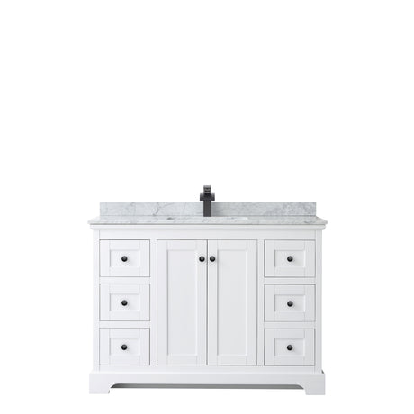 Avery 48 Inch Single Bathroom Vanity in White White Carrara Marble Countertop Undermount Square Sink Matte Black Trim