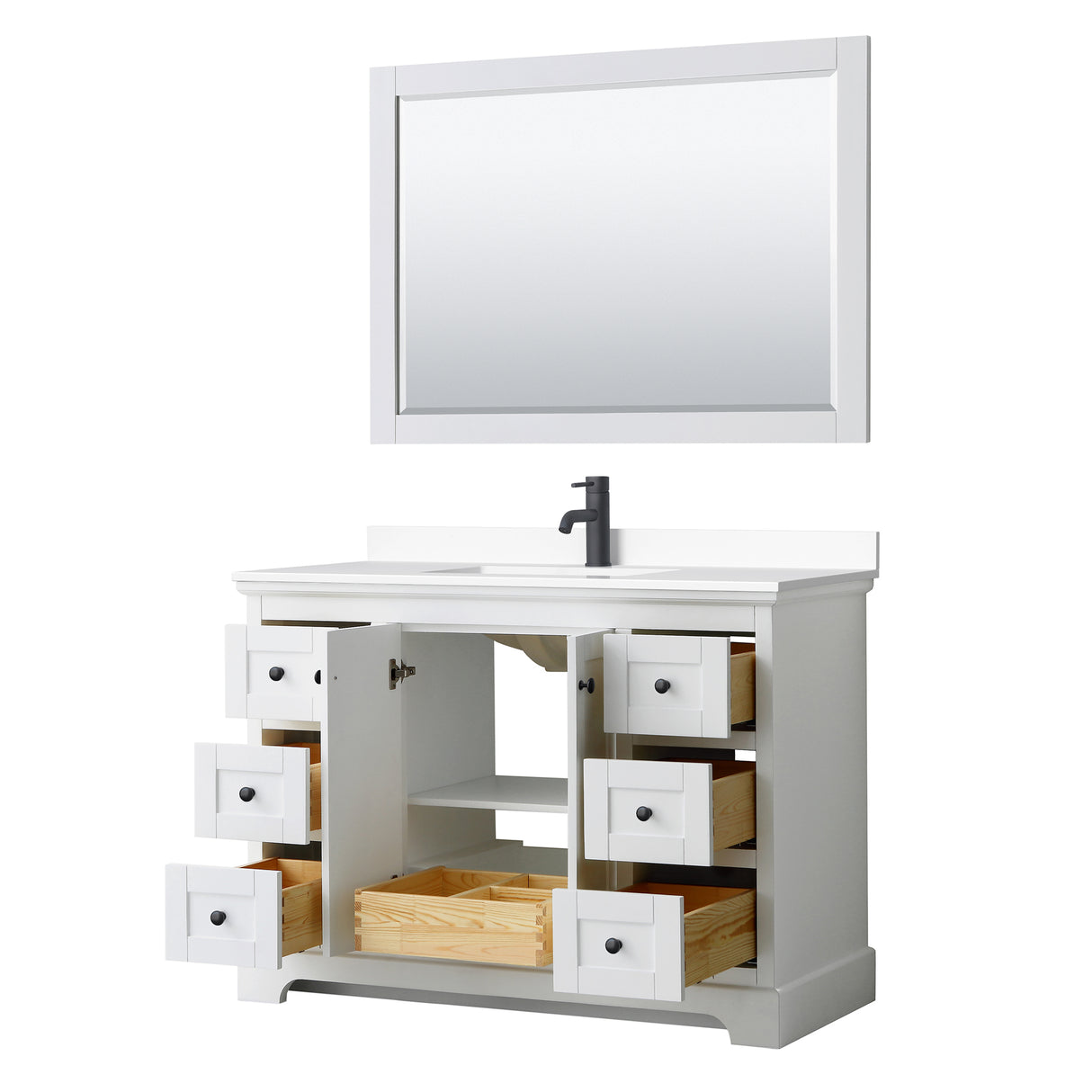 Avery 48 Inch Single Bathroom Vanity in White White Cultured Marble Countertop Undermount Square Sink Matte Black Trim 46 Inch Mirror