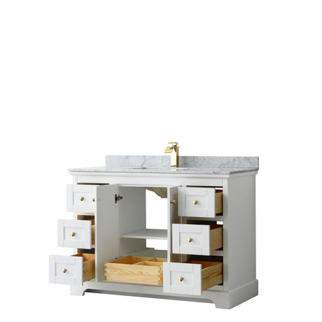 Avery 48 Inch Single Bathroom Vanity in White White Carrara Marble Countertop Undermount Square Sink Brushed Gold Trim