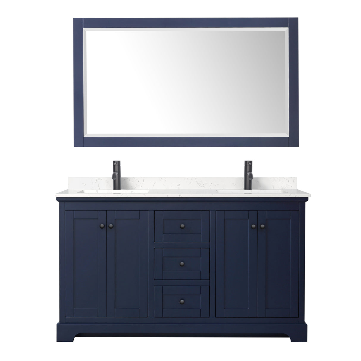 Avery 60 Inch Double Bathroom Vanity in Dark Blue Carrara Cultured Marble Countertop Undermount Square Sinks Matte Black Trim 58 Inch Mirror