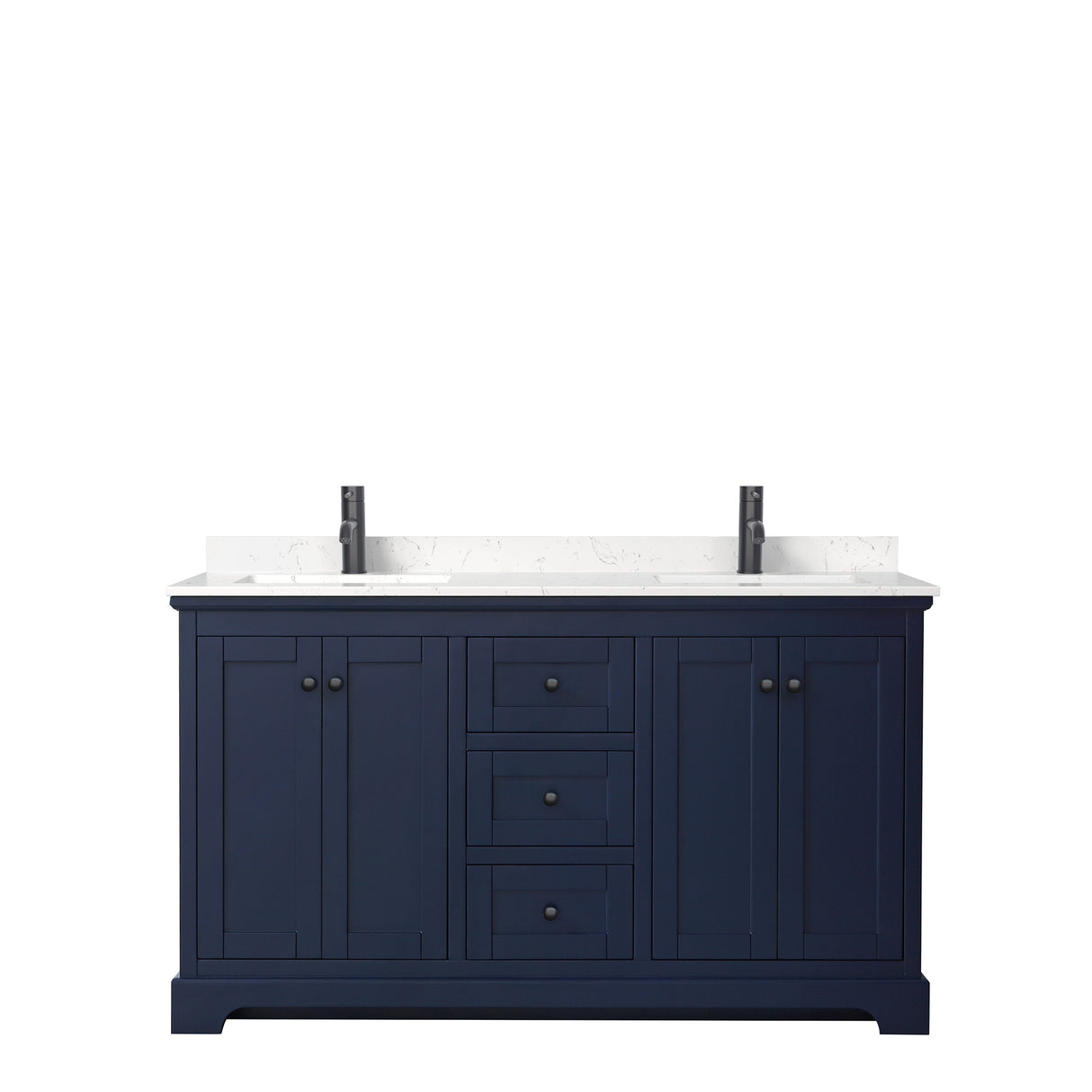 Avery 60 Inch Double Bathroom Vanity in Dark Blue Carrara Cultured Marble Countertop Undermount Square Sinks Matte Black Trim