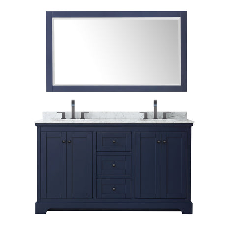 Avery 60 Inch Double Bathroom Vanity in Dark Blue White Carrara Marble Countertop Undermount Oval Sinks Matte Black Trim 58 Inch Mirror