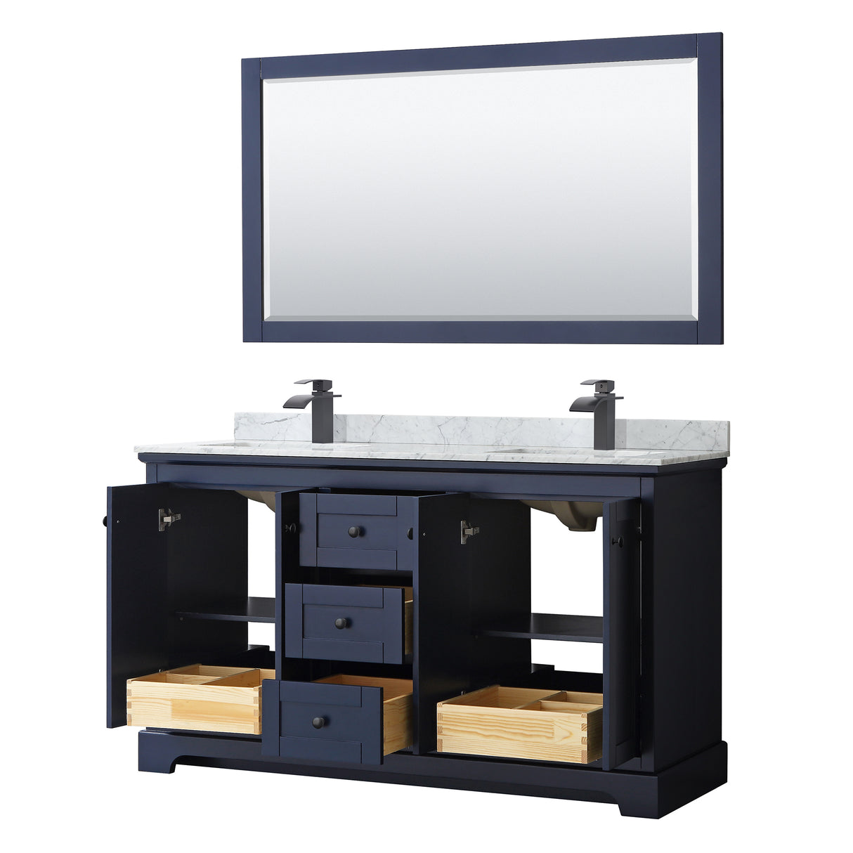 Avery 60 Inch Double Bathroom Vanity in Dark Blue White Carrara Marble Countertop Undermount Square Sinks Matte Black Trim 58 Inch Mirror