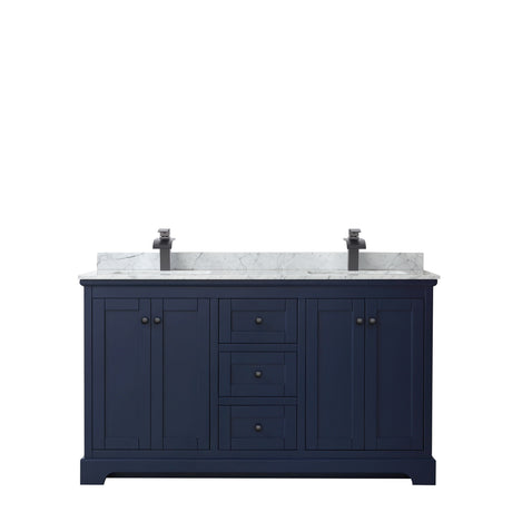 Avery 60 Inch Double Bathroom Vanity in Dark Blue White Carrara Marble Countertop Undermount Square Sinks Matte Black Trim