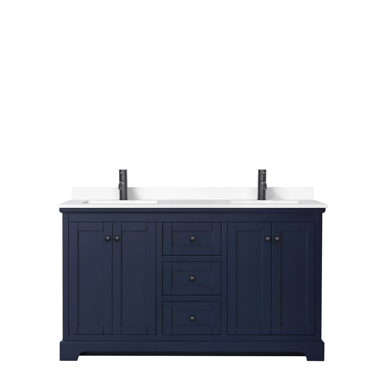 Avery 60 Inch Double Bathroom Vanity in Dark Blue White Cultured Marble Countertop Undermount Square Sinks Matte Black Trim