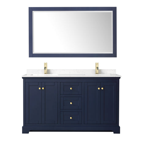 Avery 60 Inch Double Bathroom Vanity in Dark Blue Carrara Cultured Marble Countertop Undermount Square Sinks 58 Inch Mirror