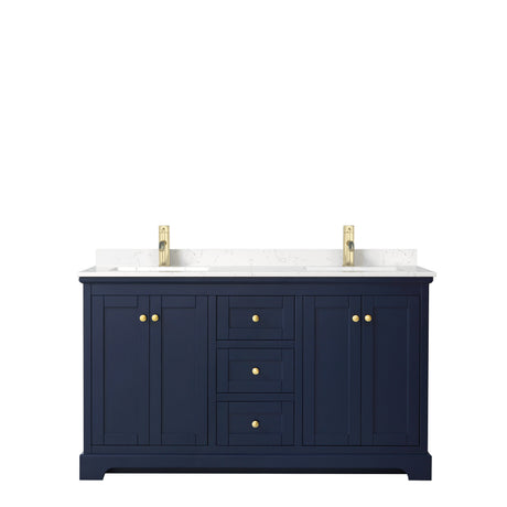 Avery 60 Inch Double Bathroom Vanity in Dark Blue Carrara Cultured Marble Countertop Undermount Square Sinks No Mirror