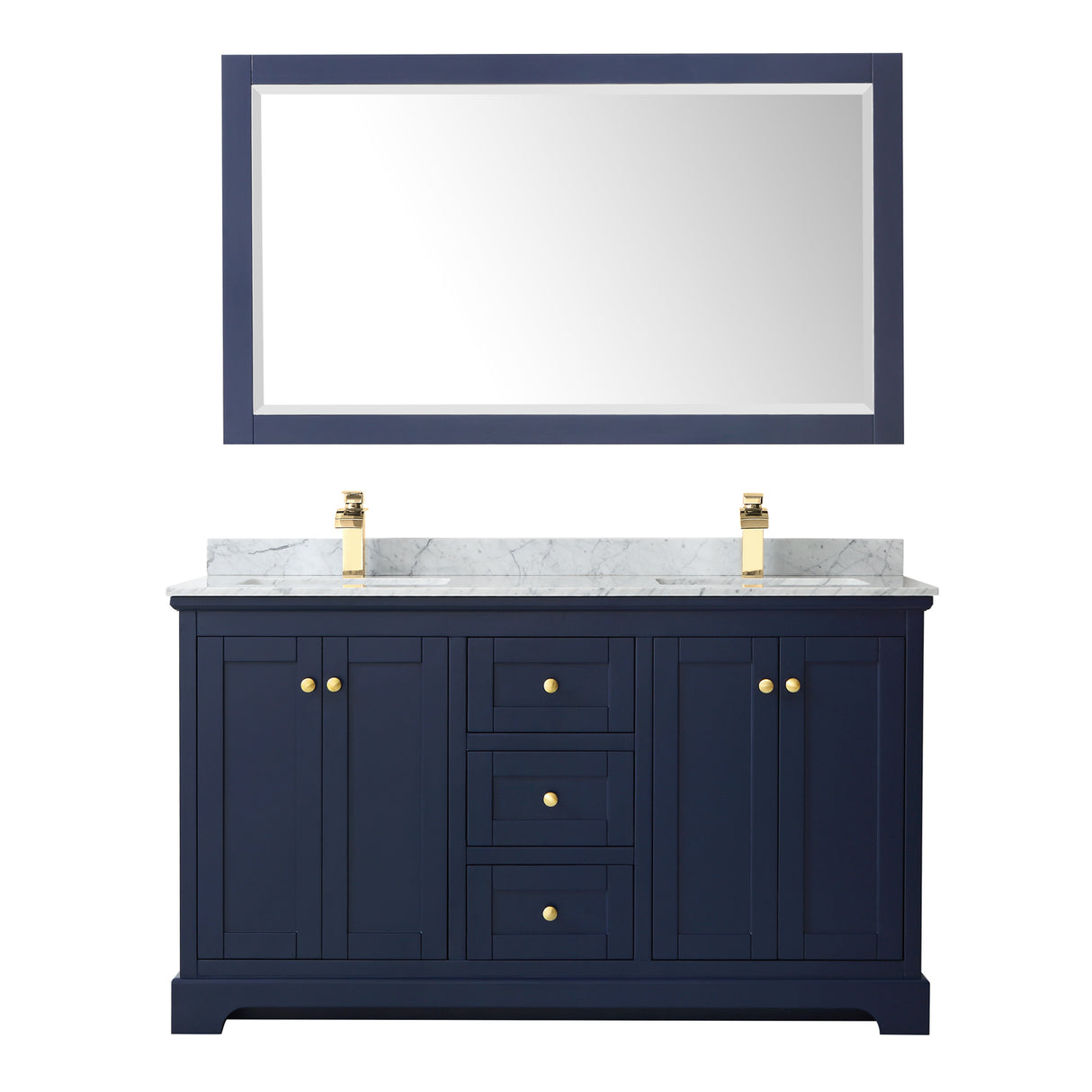 Avery 60 Inch Double Bathroom Vanity in Dark Blue White Carrara Marble Countertop Undermount Square Sinks and 58 Inch Mirror