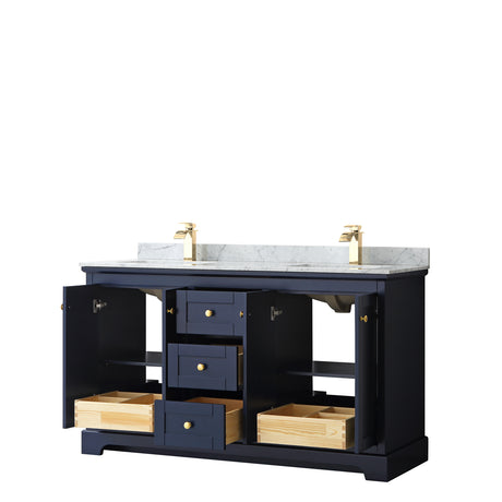 Avery 60 Inch Double Bathroom Vanity in Dark Blue White Carrara Marble Countertop Undermount Square Sinks and No Mirror